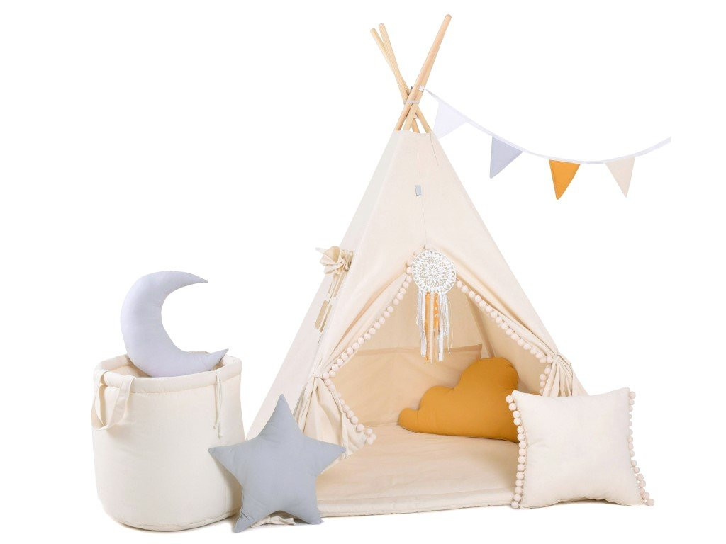 Elis design Set teepee stan Krémový s bambuľkami Variant: luxury