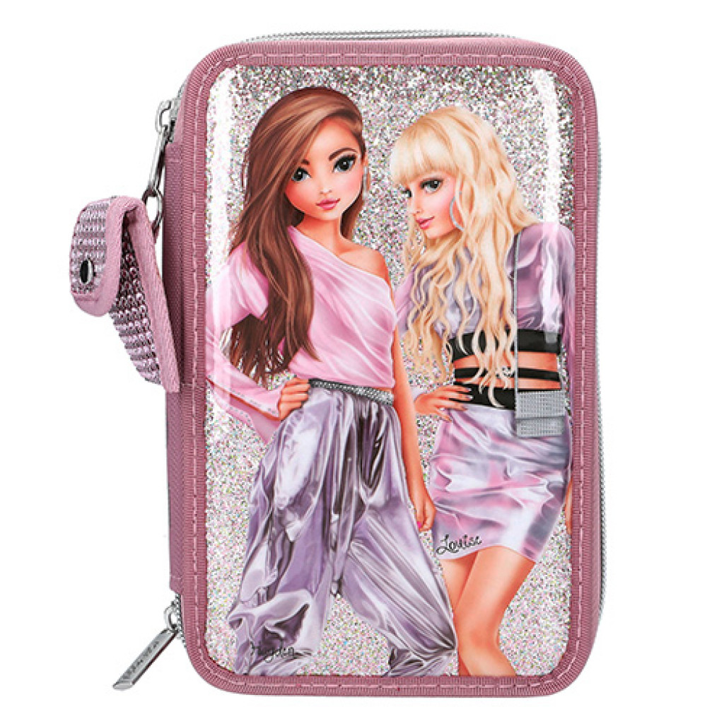 Top Model Penál 3 patra s výbavou a přívěskem s kamínky - Růžový, Hayden + Louise