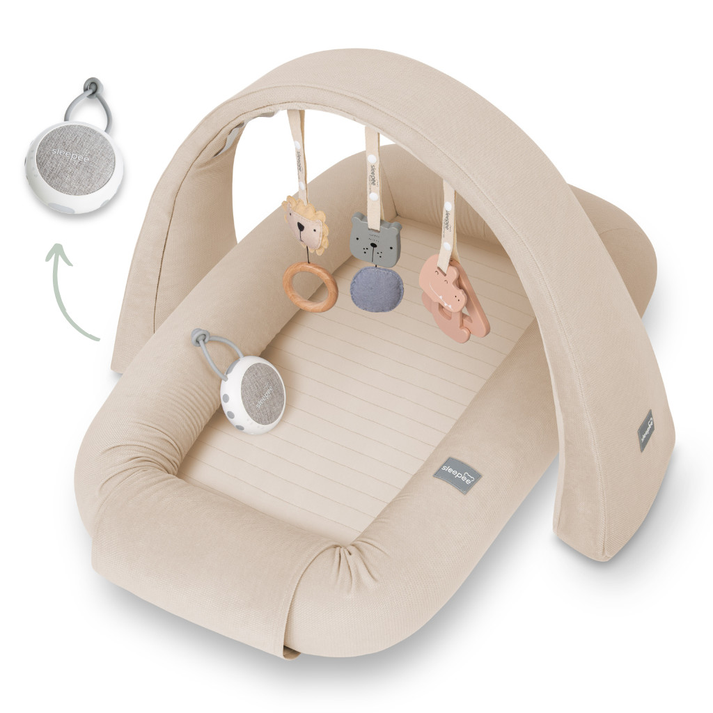 Sleepee Multifunkční hnízdečko pro miminko s hrazdičkou a bílým šumem 4v1 Sleepee Sand