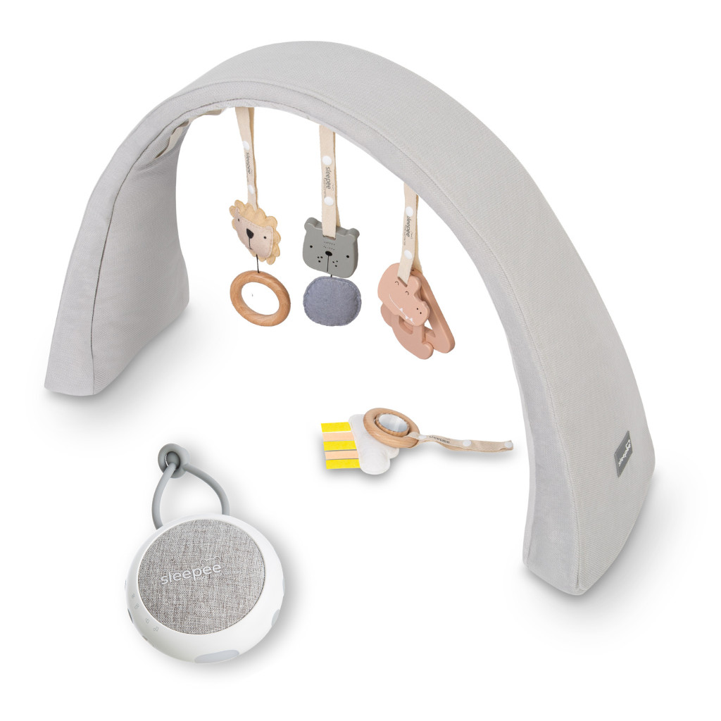 Sleepee Nastavitelná hrazdička s hračkami a bílým šumem 2v1 Sleepee Grey