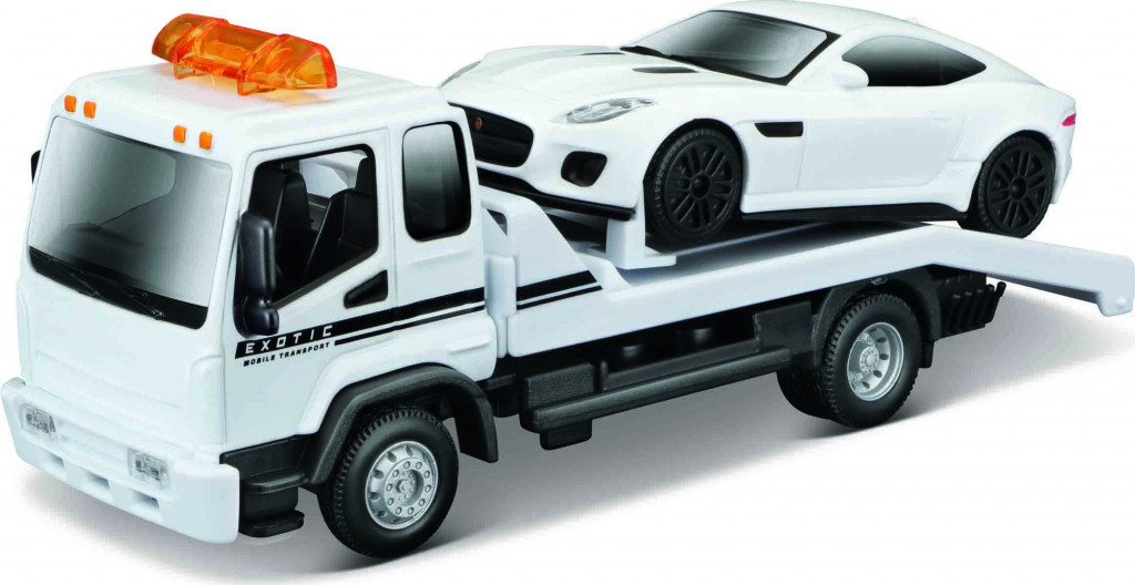 Bburago Bburago 1:43 STR FIRE Flatbed Tow Truck, w/Jaguar F-Type R Dynamic (V6)