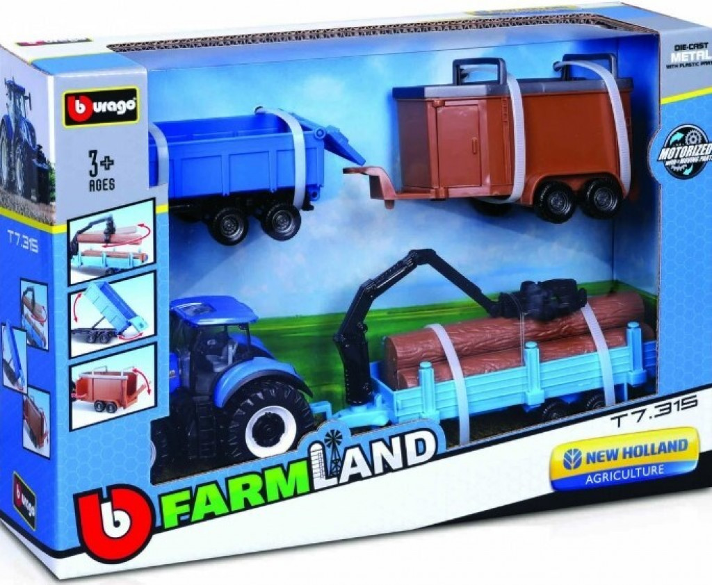 Bburago Bburago 10cm Farm tractor Gift Set - New Holland T7.315 HD with 3 trailers