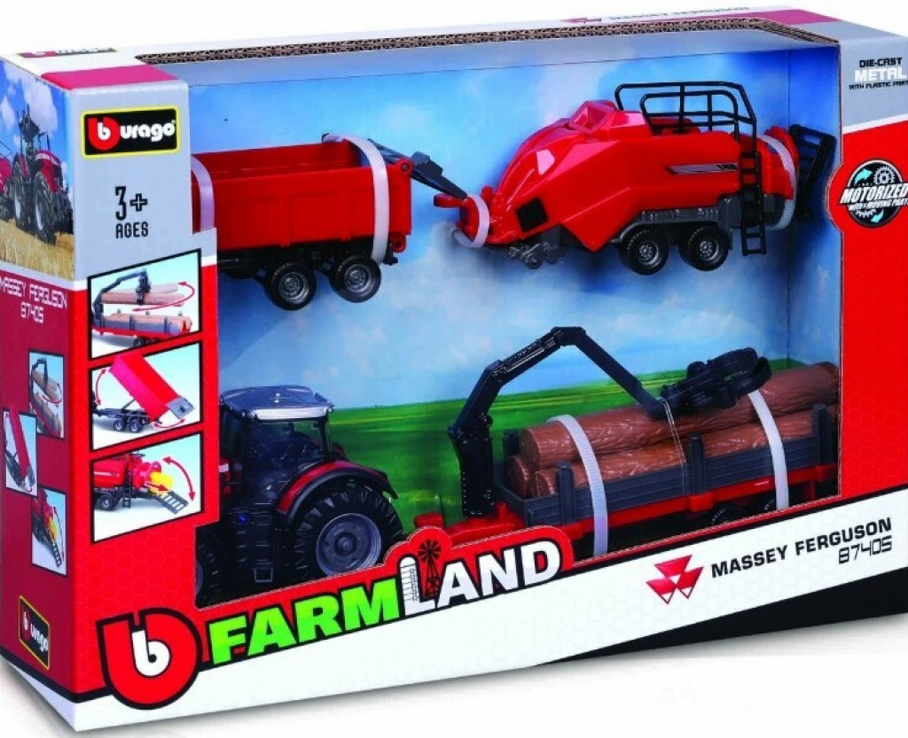 Bburago Bburago 10cm Farm tractor Gift Set - Massey Ferguson 8740S with 3 trailers