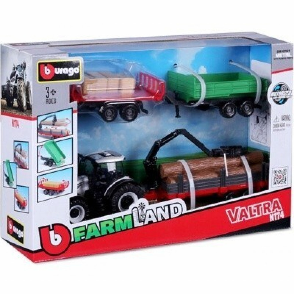 Bburago Bburago 10cm Farm tractor Gift Set - Valtra N174 with 3 trailers