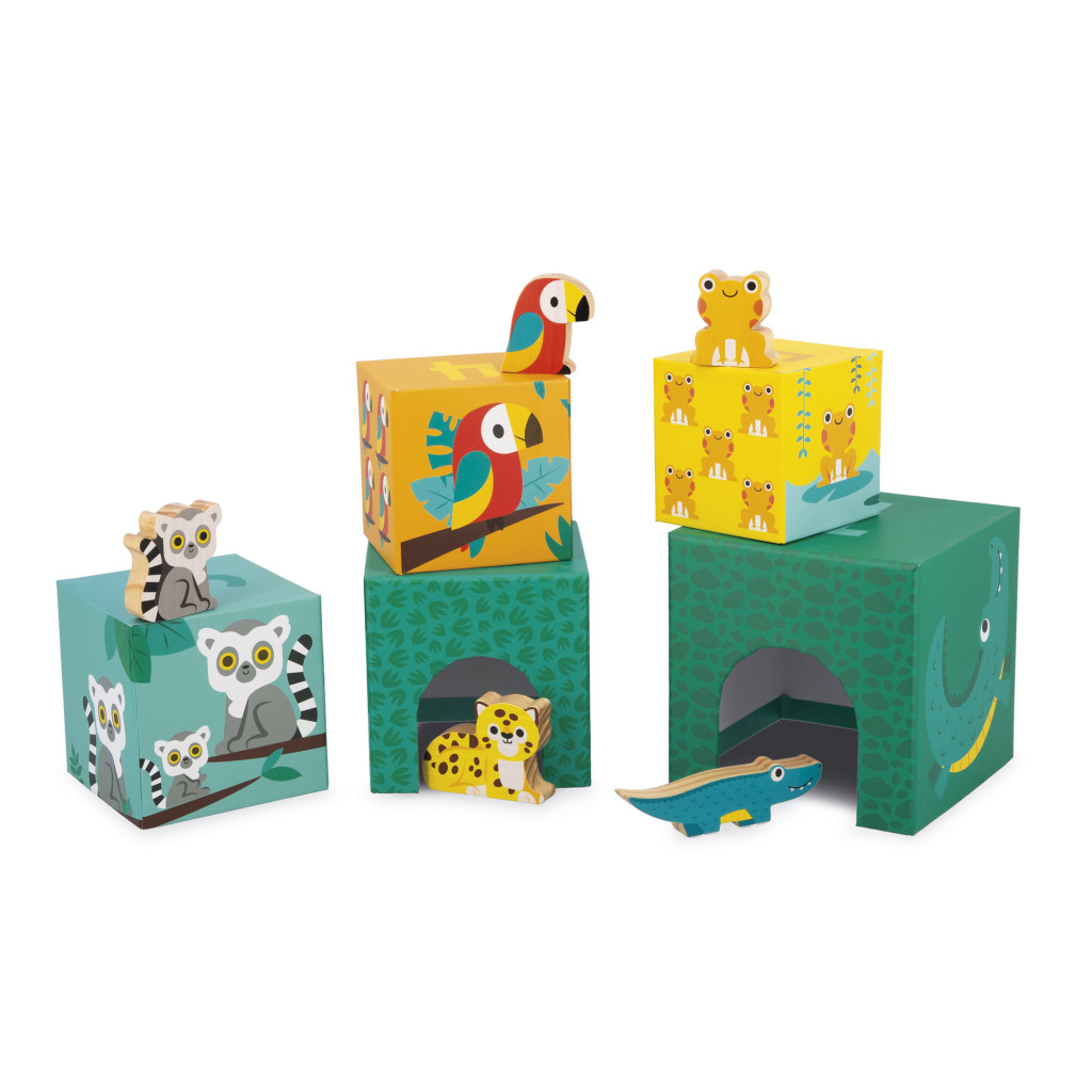 Janod Tropik Skladacia pyramída z kartónu s drevenými zvieratkami