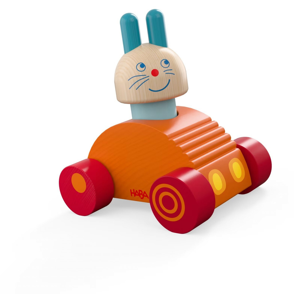 Haba Drevená hračka 2v1 Drevené auto a kolíska Zajačik