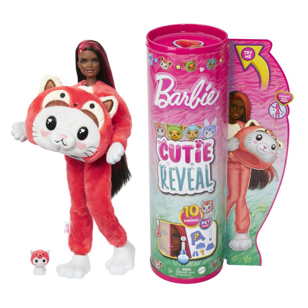 Mattel Barbie CUTIE REVEAL Barbie v kostýme - mačiatko v červenom kostýme Pandy
