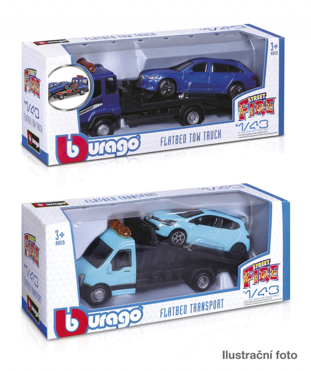 Bburago Bburago - Flatbed Transort a Tow Truck, Street Fire, 1:43, assort