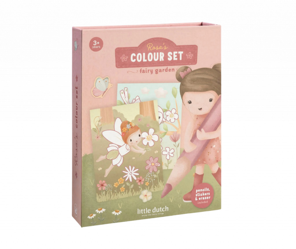 Little Dutch Omalovánky s pastelkami a samolepkami Rosa Fairy Garden