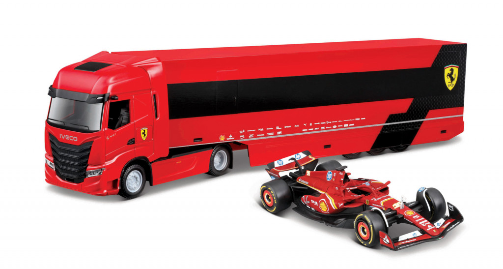 Bburago Bburago 1:43 Ferrari F1 + Nákladné auto - Iveco s prívesom + 1 Ferrari 1:43 SF-24 Charles Leclerck