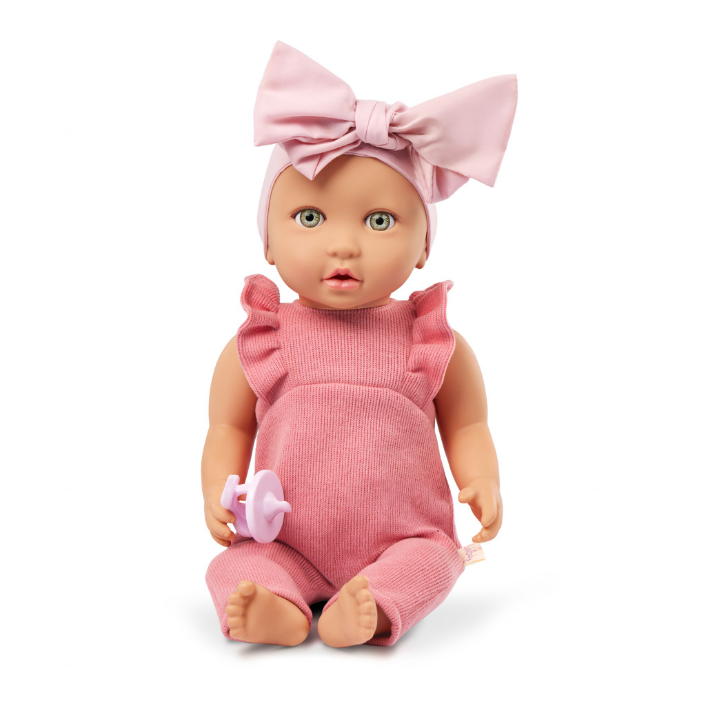 LullaBaby Panenka 35 cm v overalu s čelenkou Pink