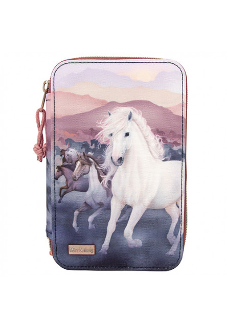 Penál 3 patra s výbavou a motivy koní - Modro-vínový