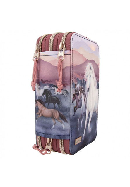 Penál 3 patra s výbavou a motivy koní - Modro-vínový