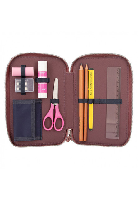 Penál 3 patra s výbavou a motivy koní - Modro-vínový