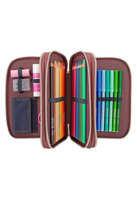 Penál 3 patra s výbavou a motivy koní - Modro-vínový