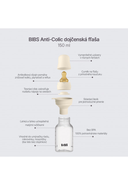 BIBS set antikolikových dojčenských fliaš s kaučukovým cumlíkom (Ivory)