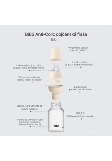 BIBS set antikolikových dojčenských fliaš so silikónovým cumlíkom (Ivory)