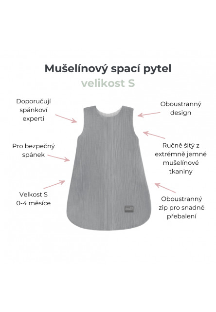 Oboustranný lehký mušelínový spací pytel Light Grey 0-4 měsíce S
