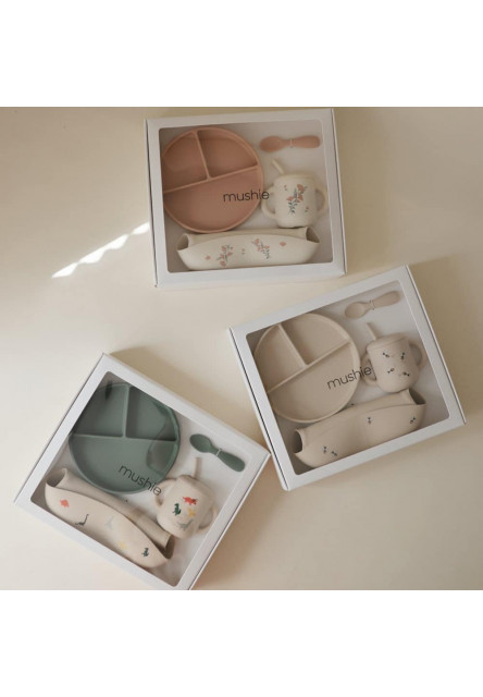 Silikónový jedálenský set pre batoľatá mushie - flowers