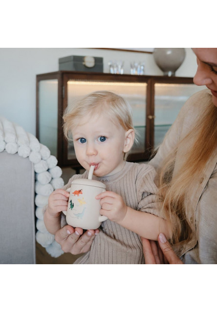 Silikónový pohárik so slamkou mushie - dinosaurs