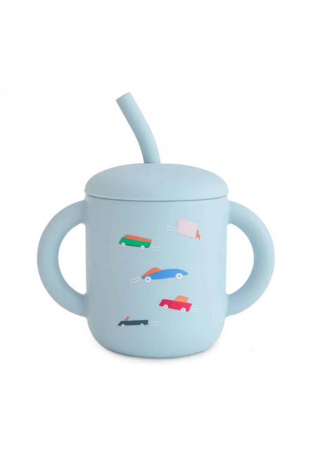 Silikónový pohárik so slamkou mushie - retro cars