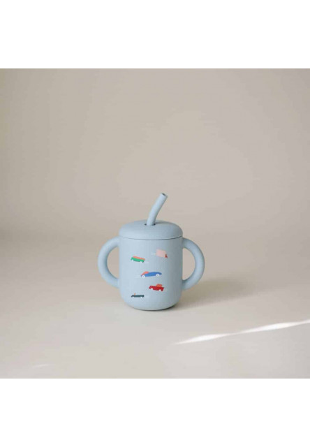 Silikónový pohárik so slamkou mushie - retro cars