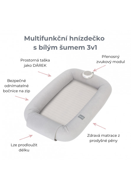 Multifunkční hnízdečko pro miminko s bílým šumem 3v1 Sleepee Grey