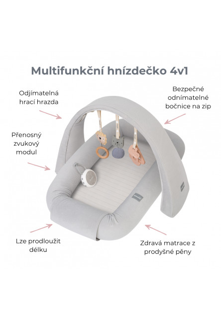 Multifunkční hnízdečko pro miminko s hrazdičkou a bílým šumem 4v1 Sleepee Sand