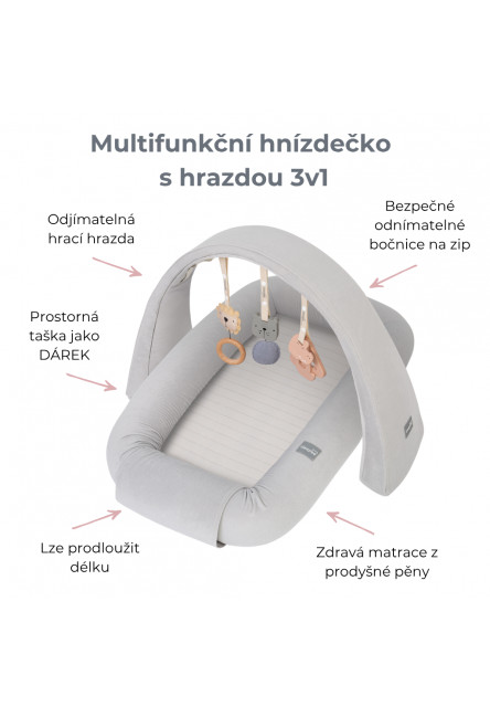 Multifunkční hnízdečko pro miminko s hrazdičkou a hračkami 3 v 1 Sleepee Pink