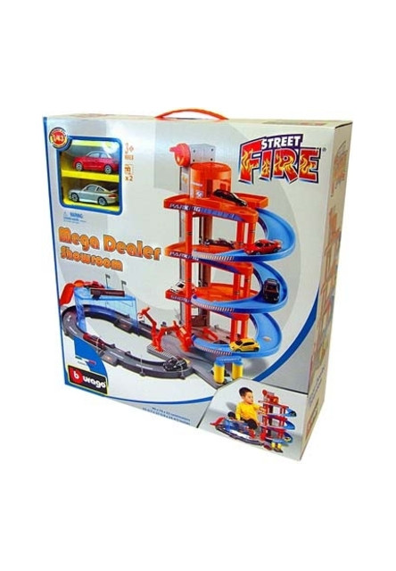 Bburago PLAY 1:43 Street Fire Mega Dealer Showroom garáž s dvoma autíčkami