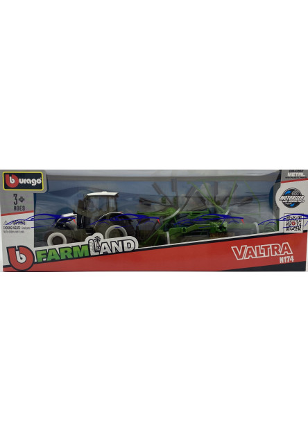Bburago Farm 10cm Tractor with Deluxe Trailer - Valtra N174 - Whirl Rake