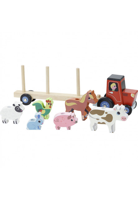 Drevený traktor so zvieratkami na nasadzovanie