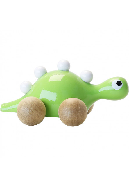 Drevený dinosaurus na kolieskach zelený