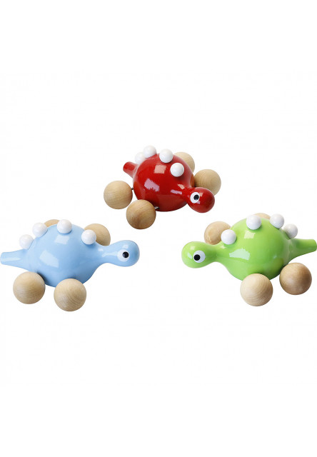 Drevený dinosaurus na kolieskach červený