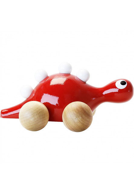 Drevený dinosaurus na kolieskach červený