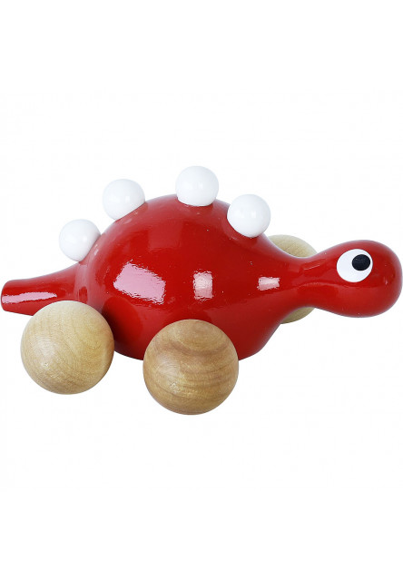 Drevený dinosaurus na kolieskach červený