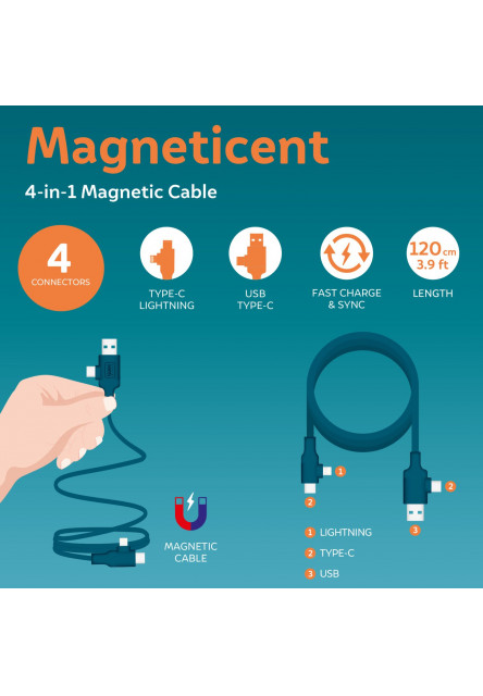 Magnetický nabíjací kábel 4 v 1 Legami Magnetic 4-In-1 Charging Cable - Petrol