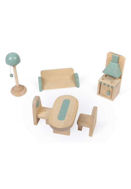 Drevený domček pre bábiky s rodinou a nábytkom