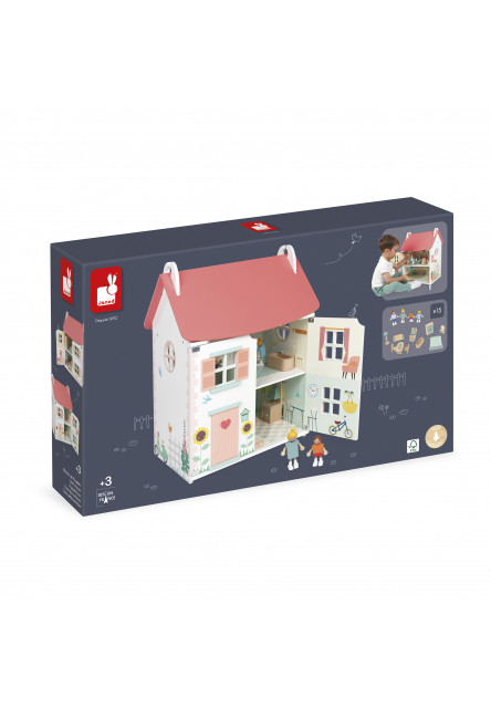 Drevený domček pre bábiky s rodinou a nábytkom