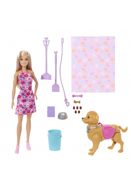 Barbie bábika so psíkom na prechádzke