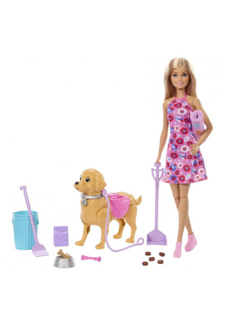 Barbie bábika so psíkom na prechádzke