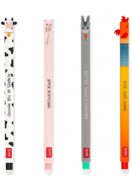 Set 4 gumovacích pier Legami Farm Sweet Farm - Set Of 4 Erasable Gel Pens - Cow + Piggy + Donkey + Rooster - 0,7 mm - Black/Pi