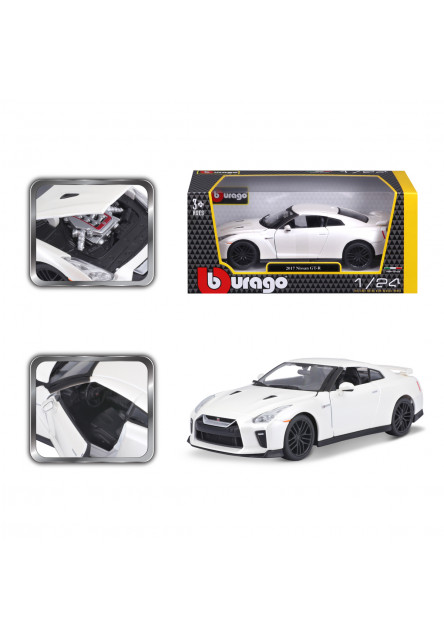 Bburago - Autá HOBBY, Plus, 2017 Nissan GT-R, metal biela, 1:24