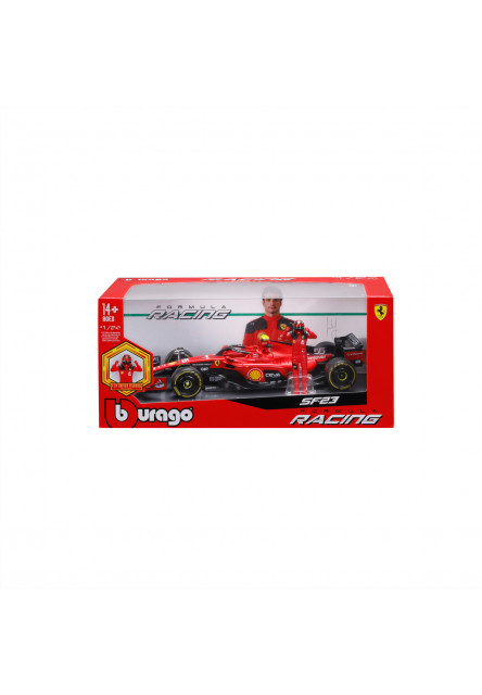 Bburago - FORMULA RACING, F1 Ferrari SF-23 (2023) s figúrkou jazdca, #55 Carlos Sainz, 1:24