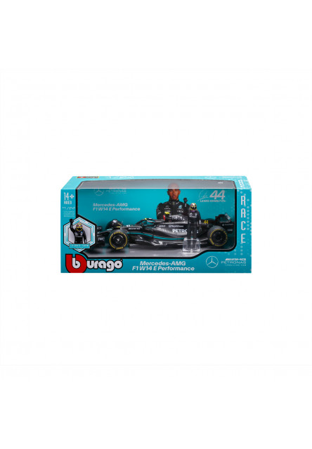 Bburago - RACE Formula 1 s figúrkou jazdca, Mercedes-AMG W14 E Performance (2023) #44 Hamilton, 1:24