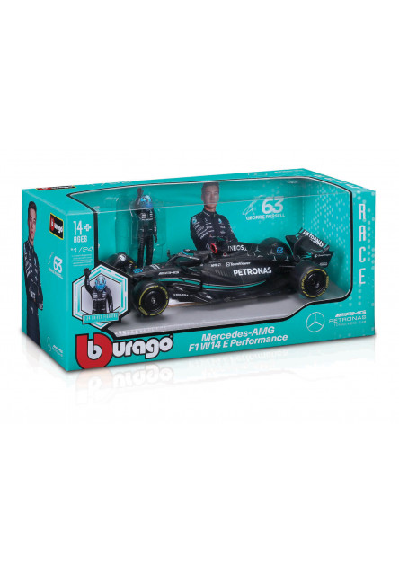 Bburago – RACE Formula F1 s figúrkou jazdca, Mercedes-AMG W14 E Performance (2023) #63 Russell, 1:24
