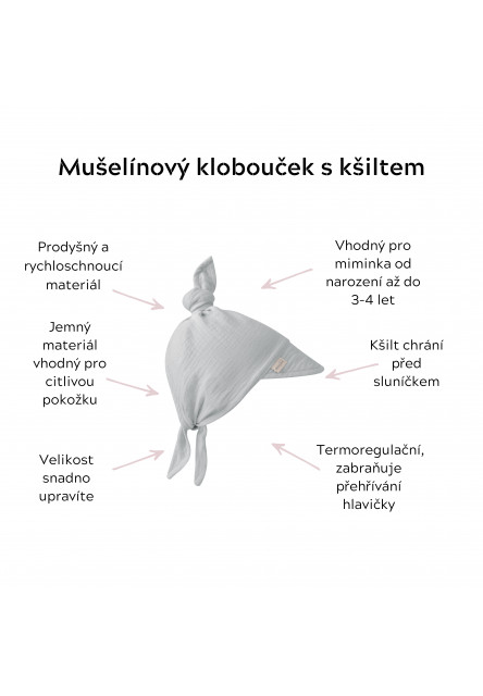 Dětský rostoucí mušelínový klobouček s kšiltem Sleepee Love se srdíčky 0-4 roky