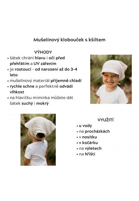 Dětský rostoucí mušelínový klobouček s kšiltem Sleepee Love se srdíčky 0-4 roky