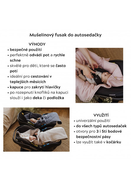 Lehký mušelínový fusak/zavinovačka/deka do autosedačky Nature krémový