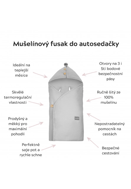 Lehký mušelínový fusak/zavinovačka/deka do autosedačky Nature krémový